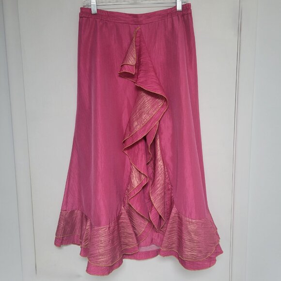Nubiano New York Fuchsia Ruffled Bohemian Midi Skirt with Gold Trim - Picture 2 of 15